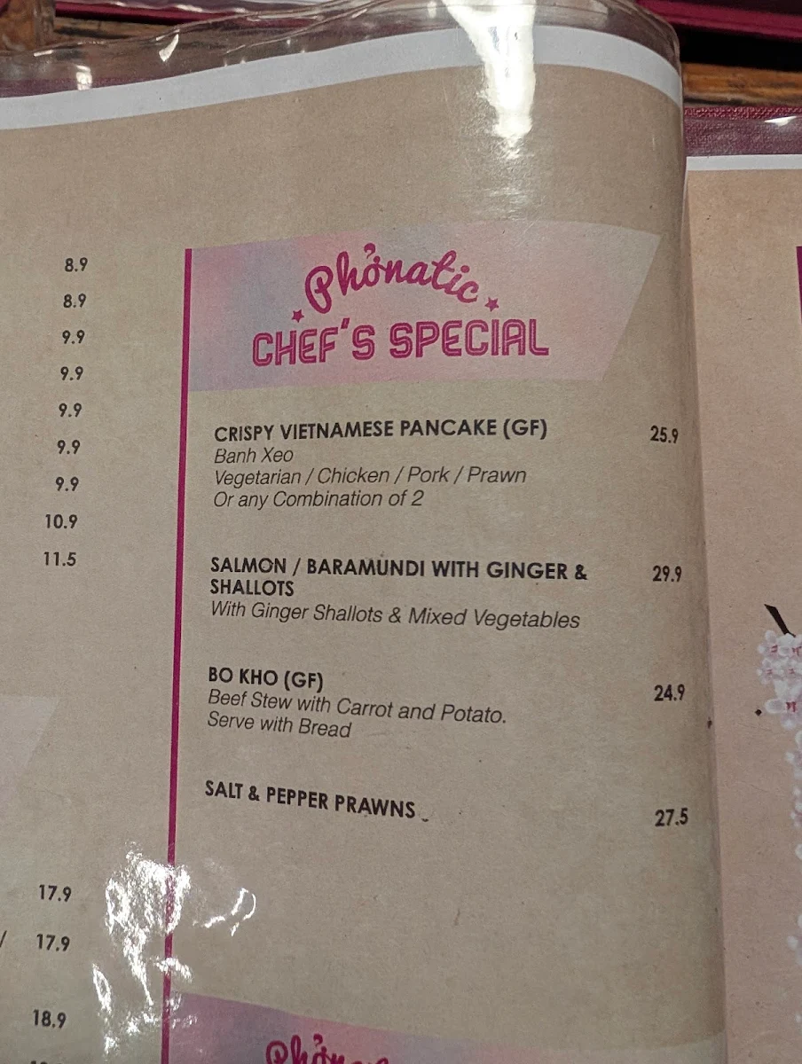 Menu, Phonatic Restaurant