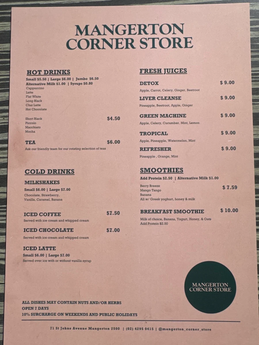 Menu, Mangerton Corner Store