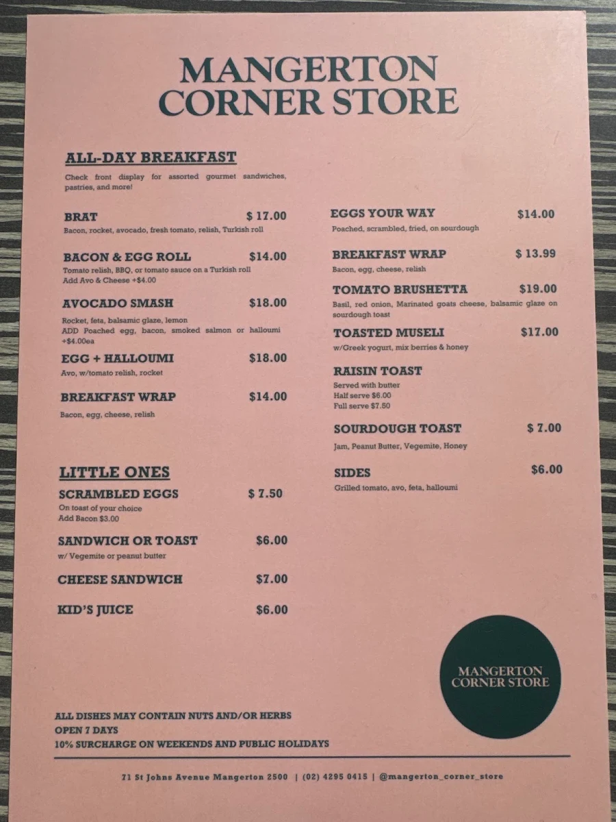 Menu, Mangerton Corner Store
