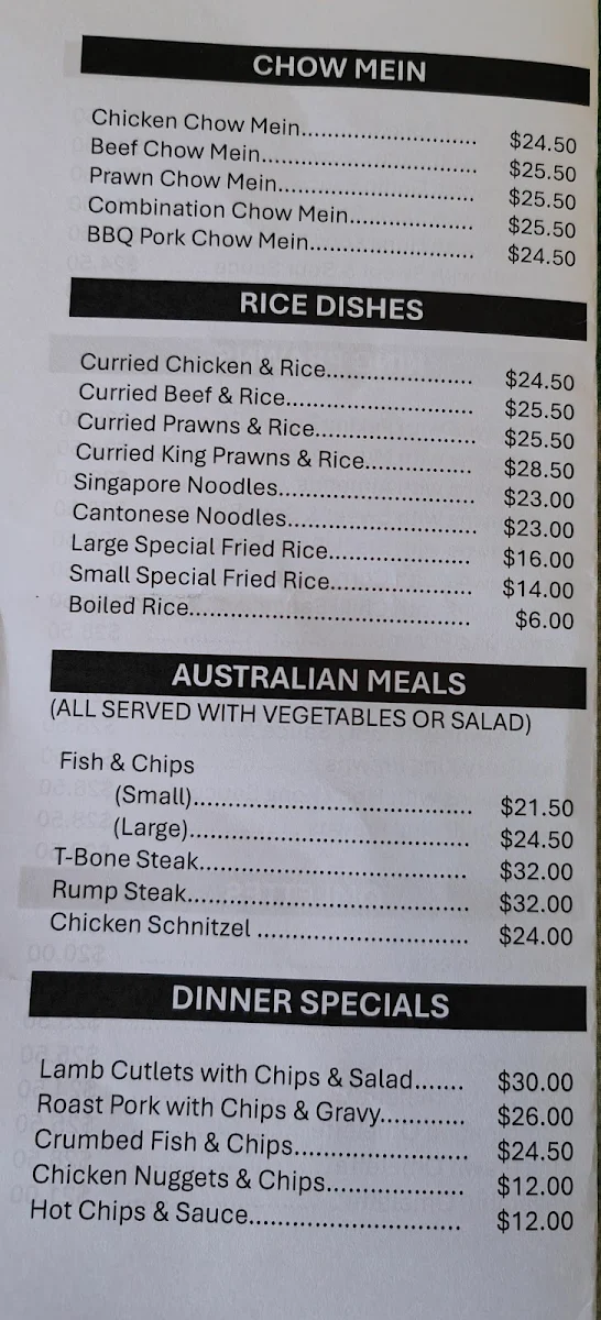 Menu, Jerilderie Sports Club Chinese Restaurant
