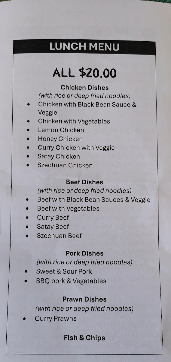 Menu, Jerilderie Sports Club Chinese Restaurant