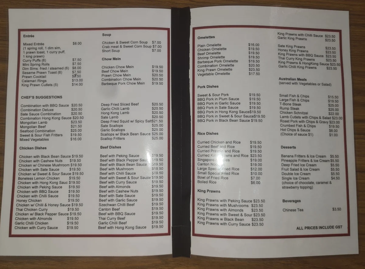 Menu, Jerilderie Sports Club Chinese Restaurant