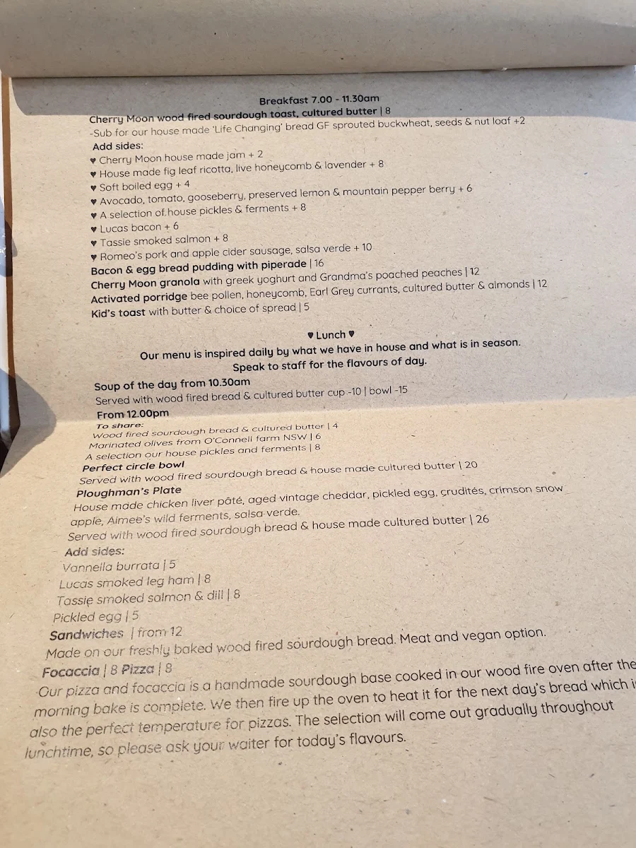 Menu, Cherry Moon General Store