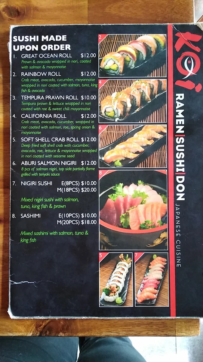 Menu, Koi Ramen Sushi Don