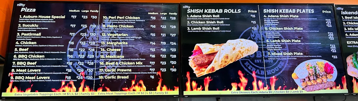 Menu, Auburn Kebab House