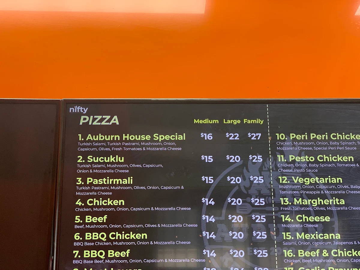 Menu, Auburn Kebab House