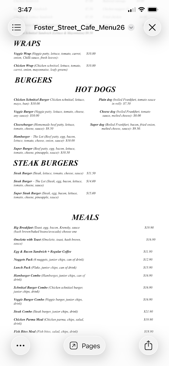 Menu, Foster St Cafe