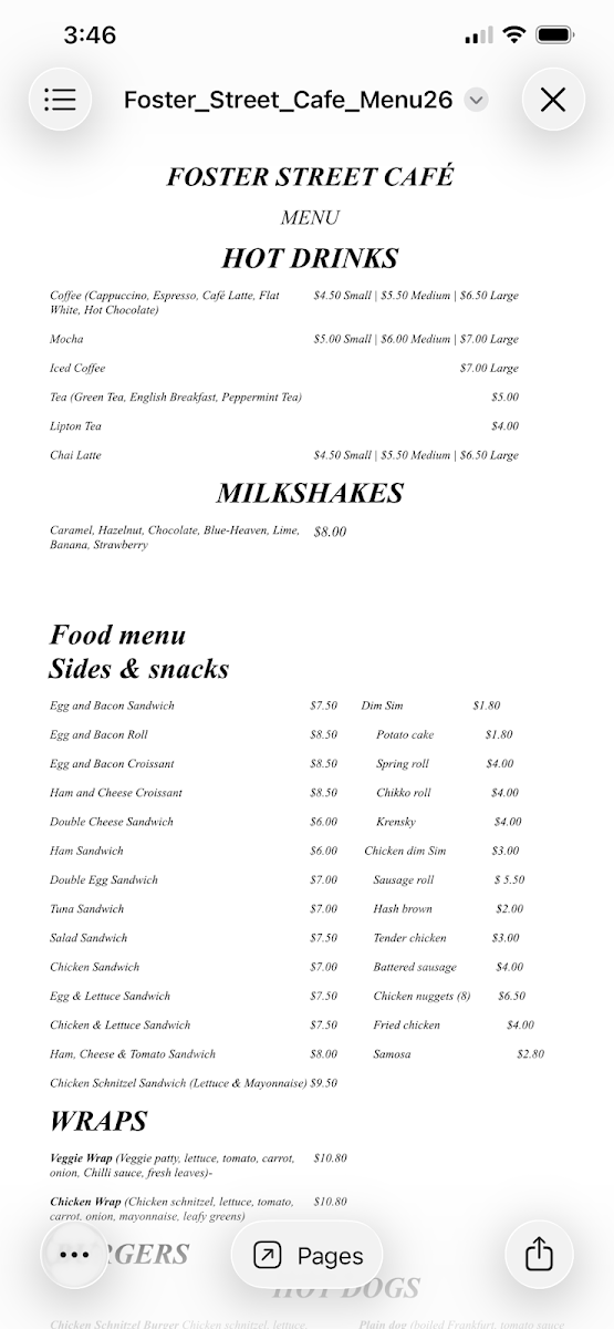 Menu, Foster St Cafe