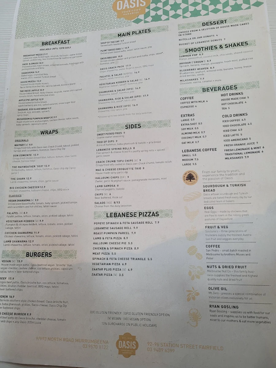 Menu, Oasis Fairfield Cafe & Grocer