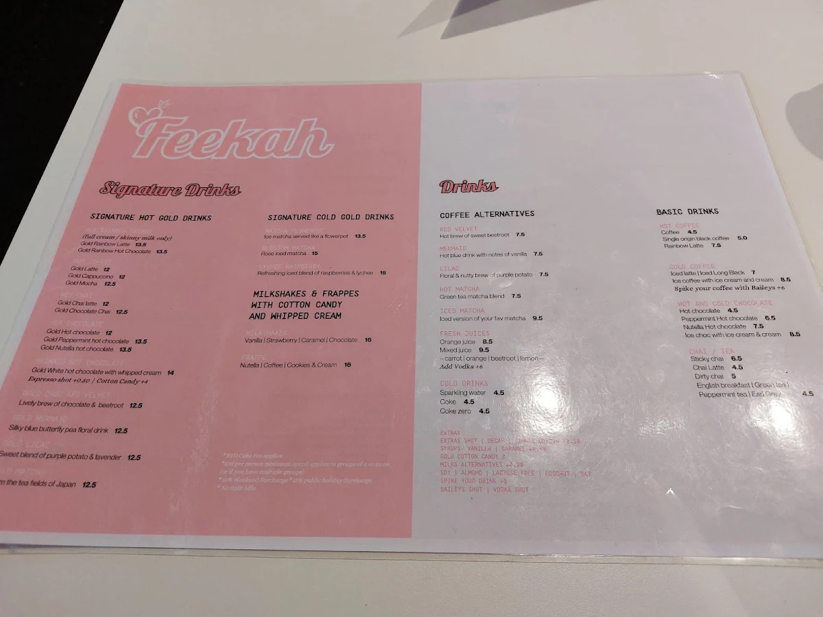 Menu, Feekah Cafe