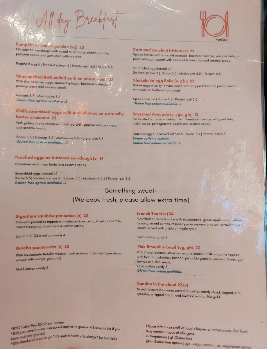 Menu, Feekah Cafe