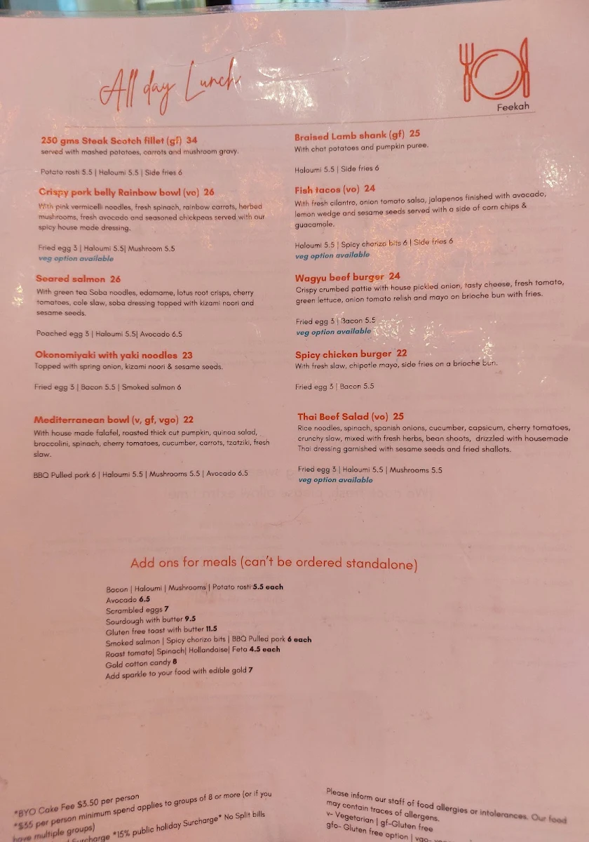 Menu, Feekah Cafe