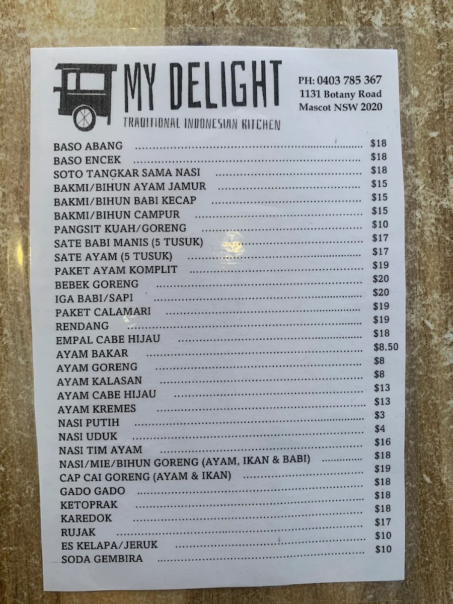 Menu, My Delight Traditional Indonesian Kitchen