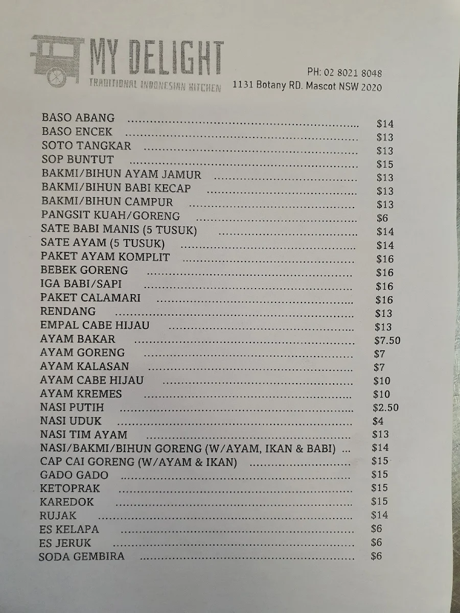 Menu, My Delight Traditional Indonesian Kitchen