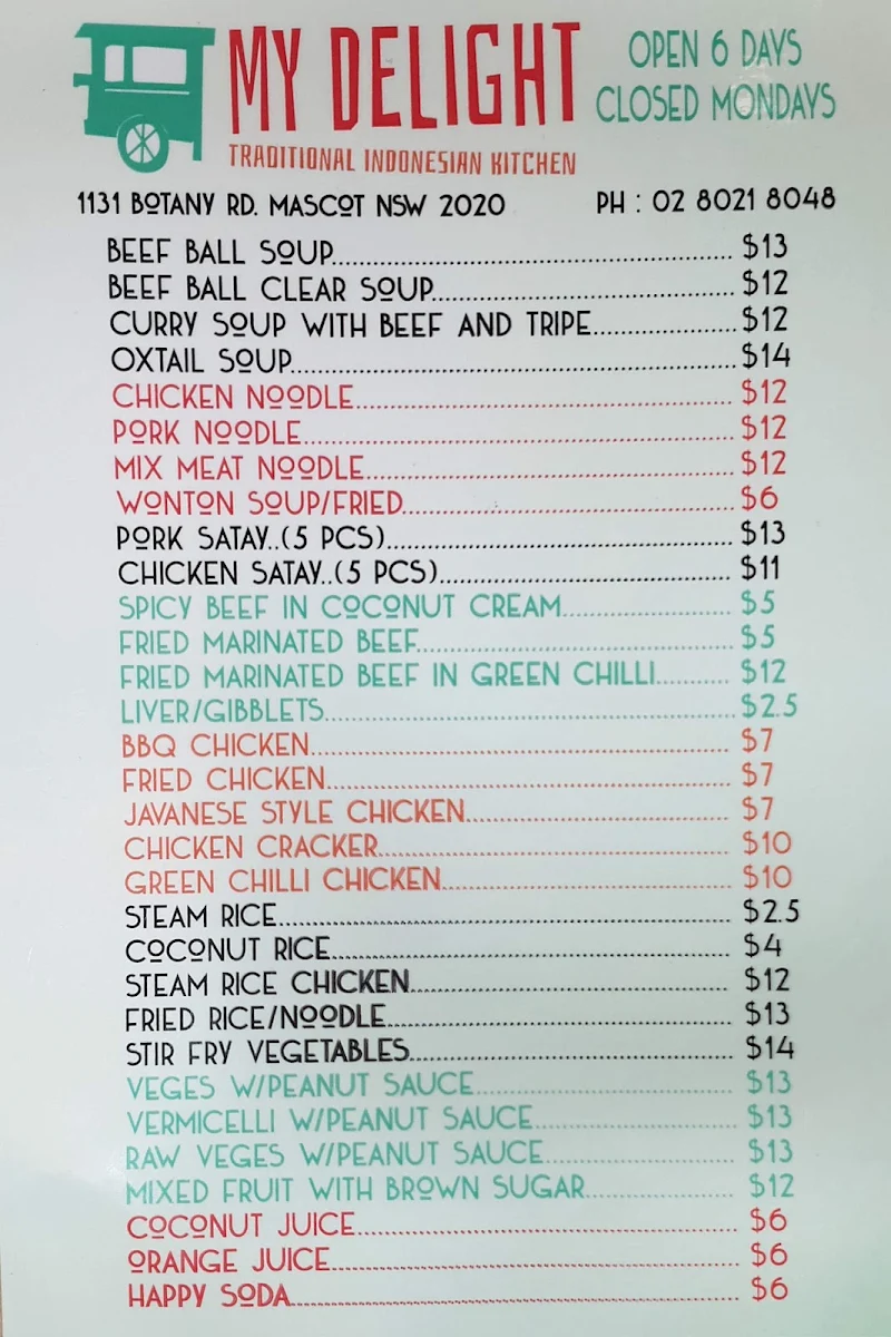 Menu, My Delight Traditional Indonesian Kitchen