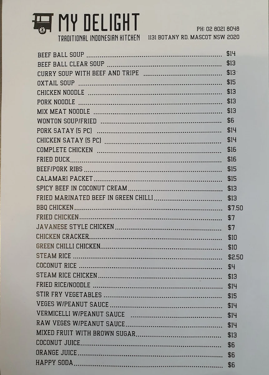 Menu, My Delight Traditional Indonesian Kitchen