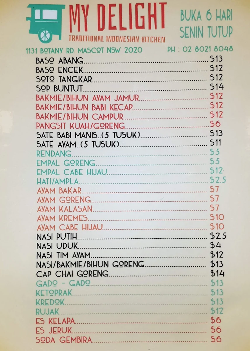 Menu, My Delight Traditional Indonesian Kitchen