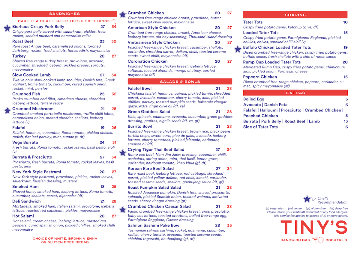 Menu, Tiny's Sandwich Bar