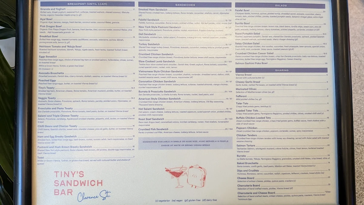 Menu, Tiny's Sandwich Bar