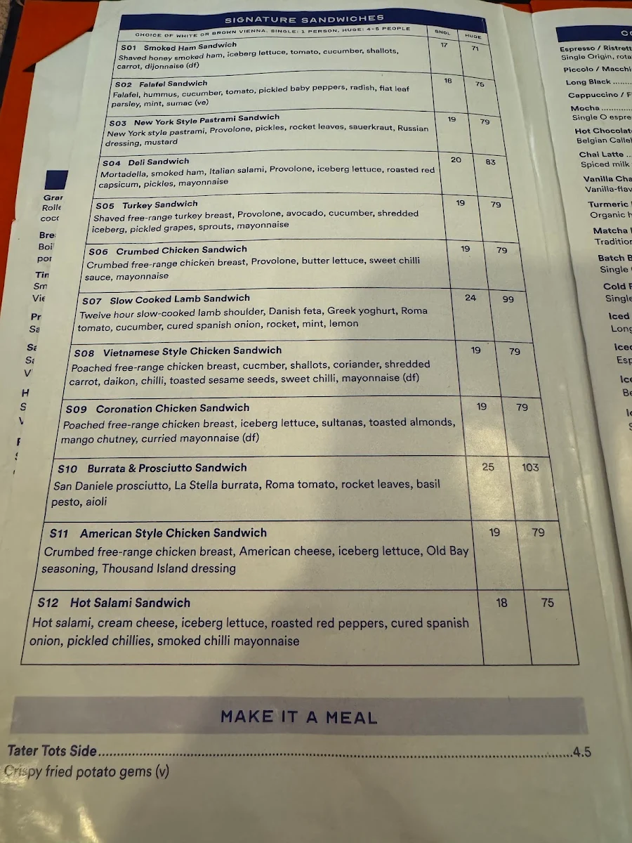 Menu, Tiny's Sandwich Bar