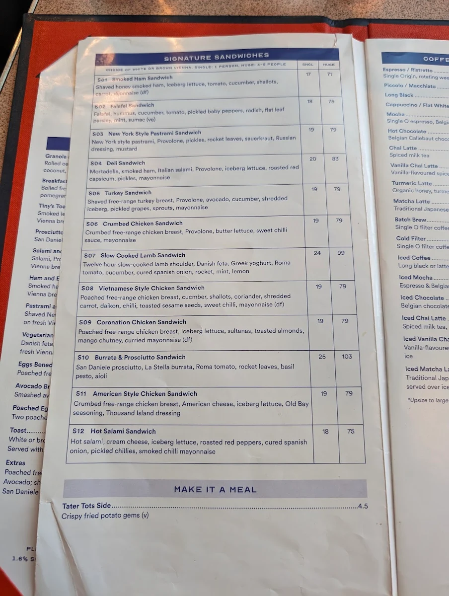Menu, Tiny's Sandwich Bar