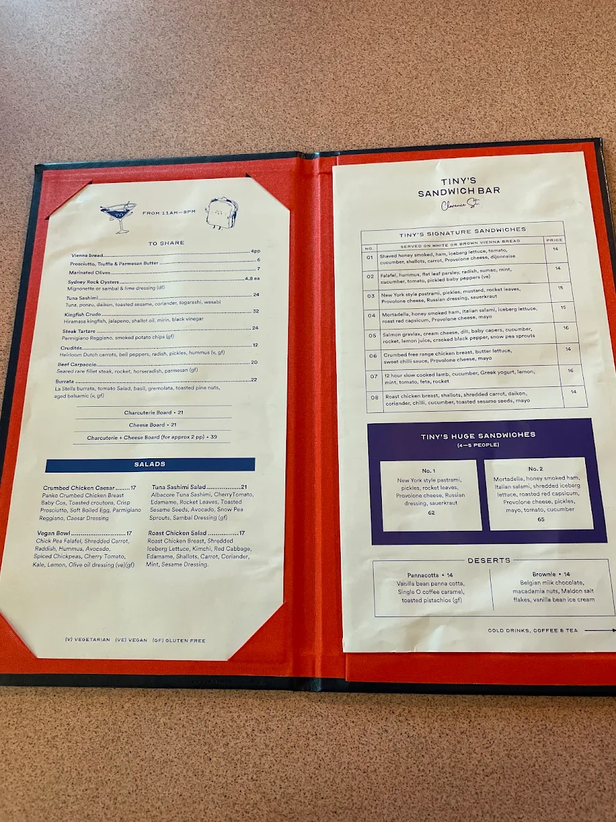 Menu, Tiny's Sandwich Bar