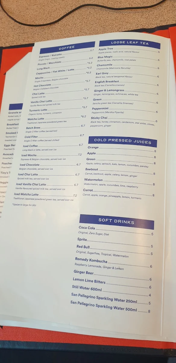 Menu, Tiny's Sandwich Bar