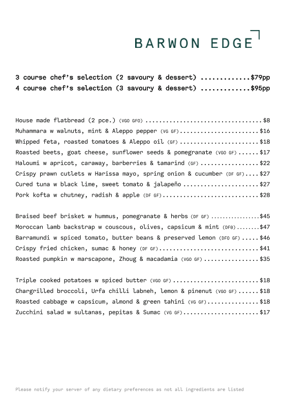 Menu, Barwon Edge