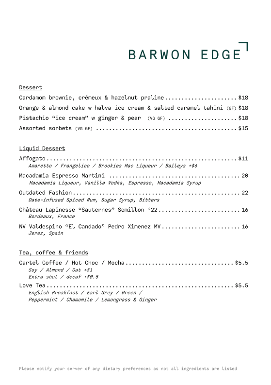 Menu, Barwon Edge