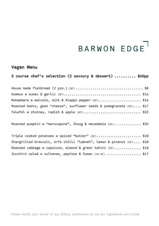 Menu, Barwon Edge