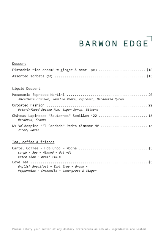 Menu, Barwon Edge