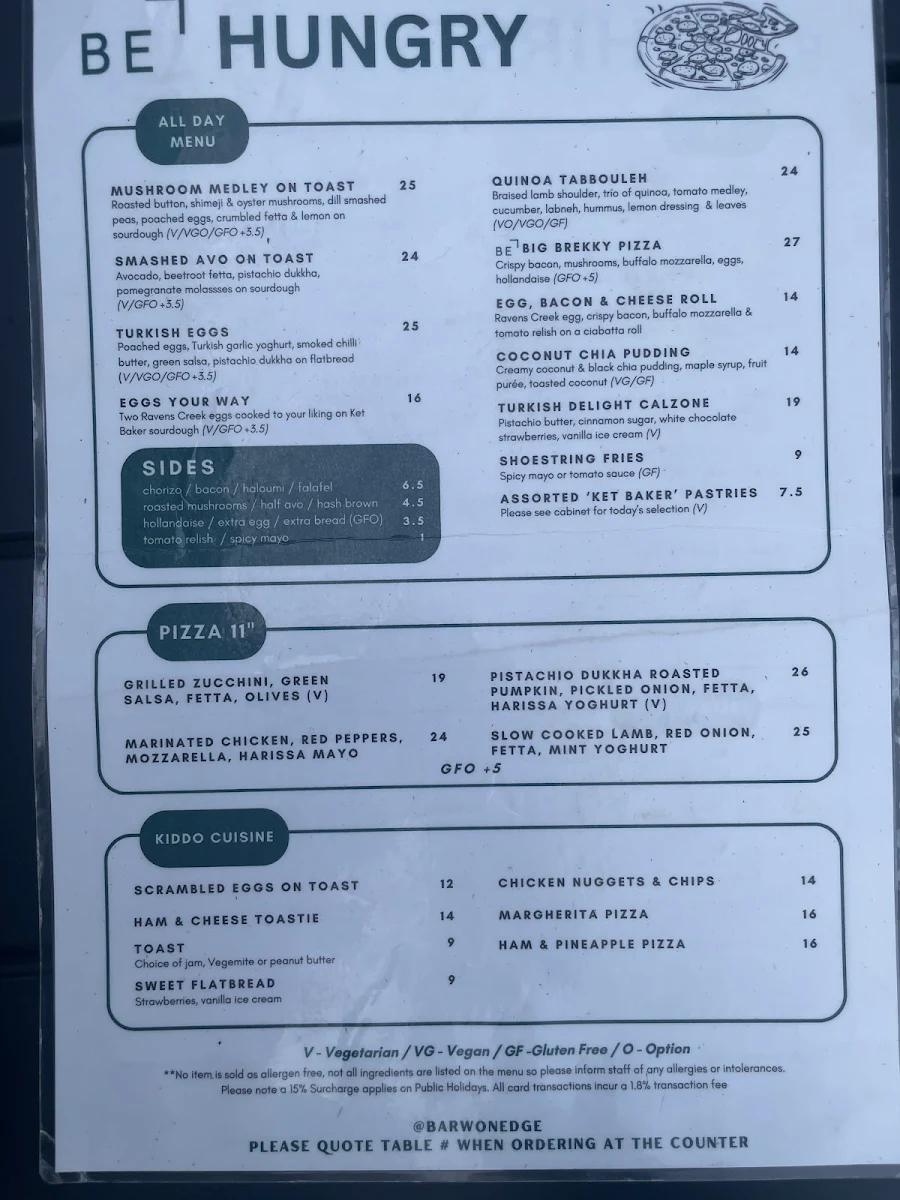 Menu, Barwon Edge