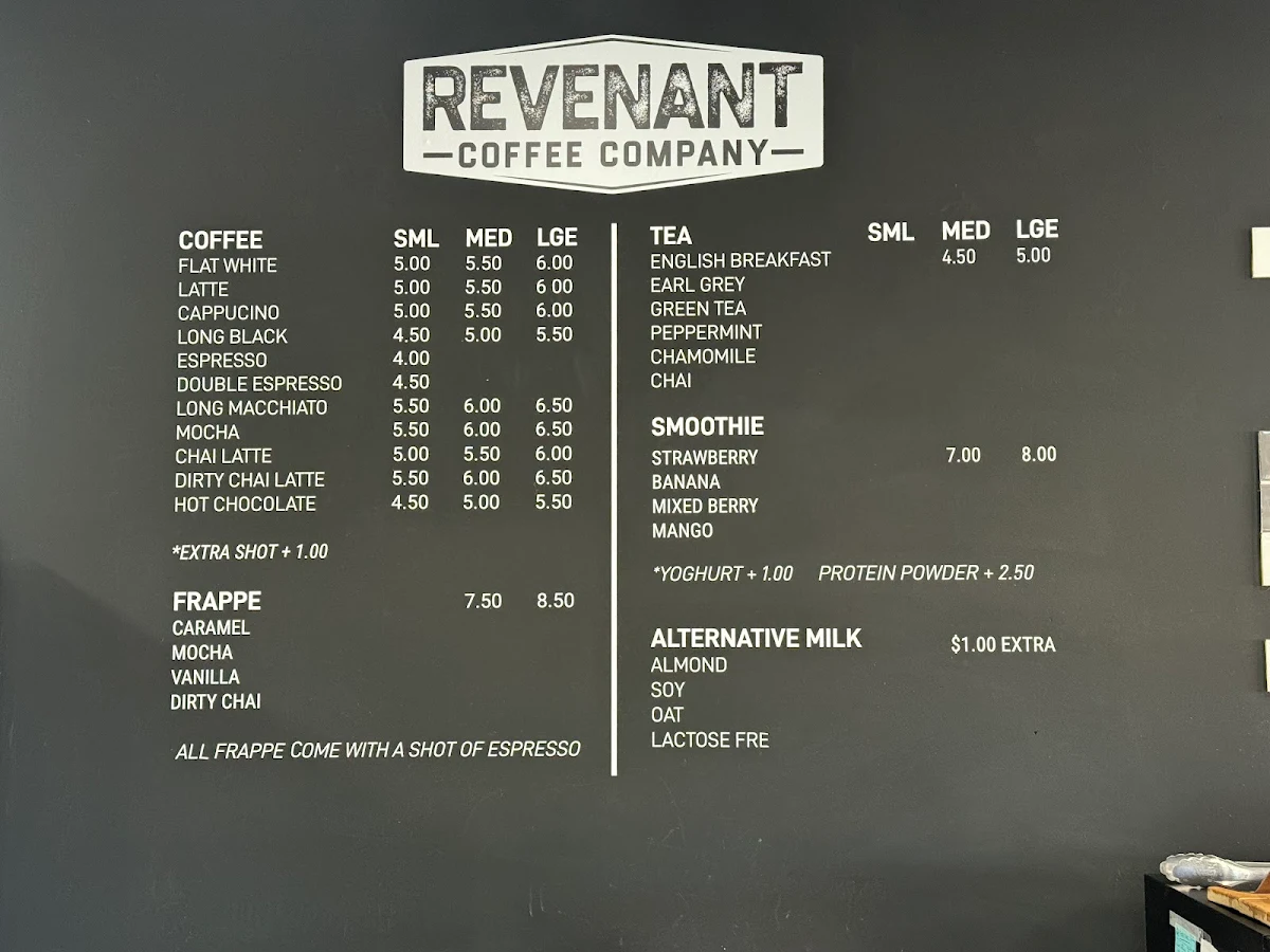 Menu, Revenant Coffee Company