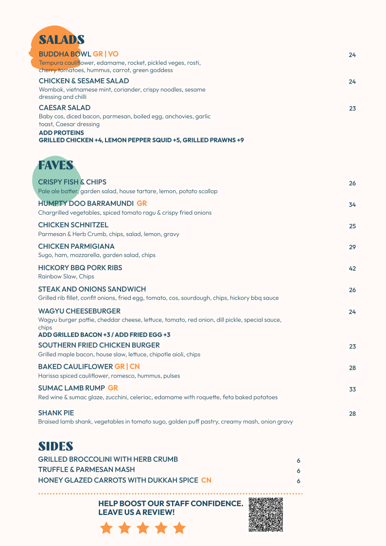 Menu, Varsity Lakes Tavern