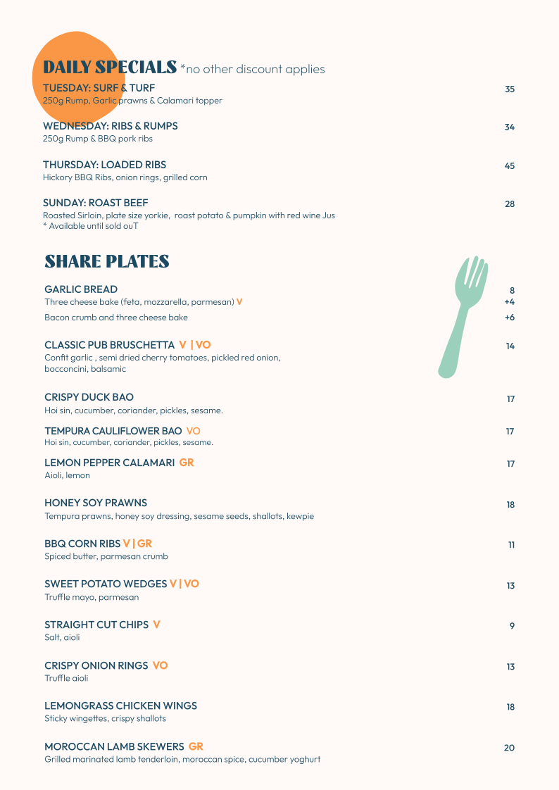 Menu, Varsity Lakes Tavern