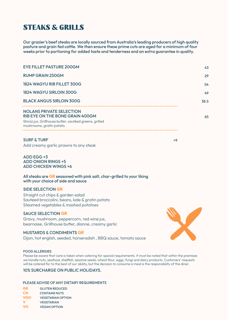 Menu, Varsity Lakes Tavern