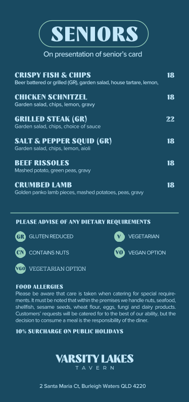 Menu, Varsity Lakes Tavern