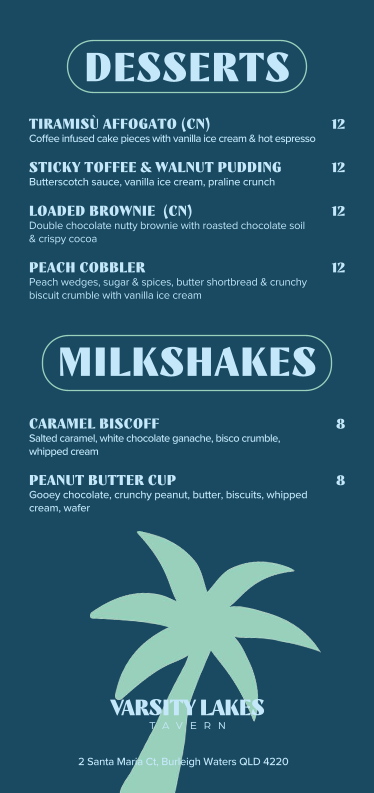 Menu, Varsity Lakes Tavern