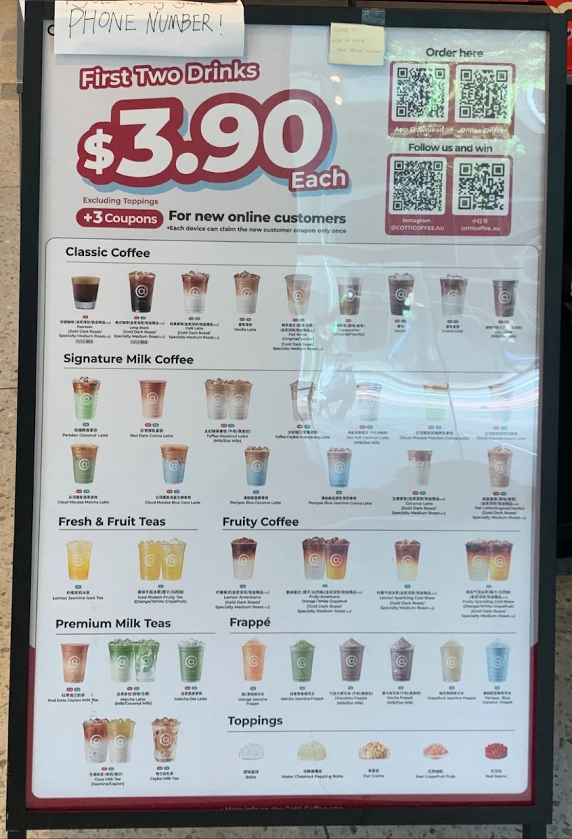 Menu, Cotti Coffee（Gadigal）