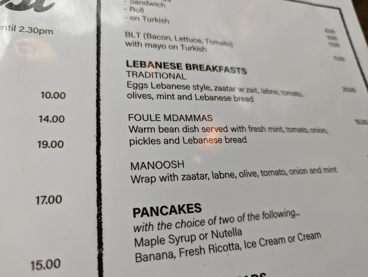 Menu, Joe and Sal Glebe Cafe