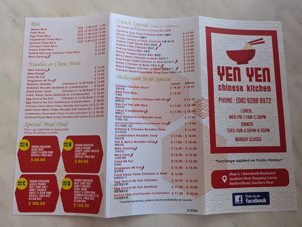 Menu, Yen Yen Chinese Kitchen