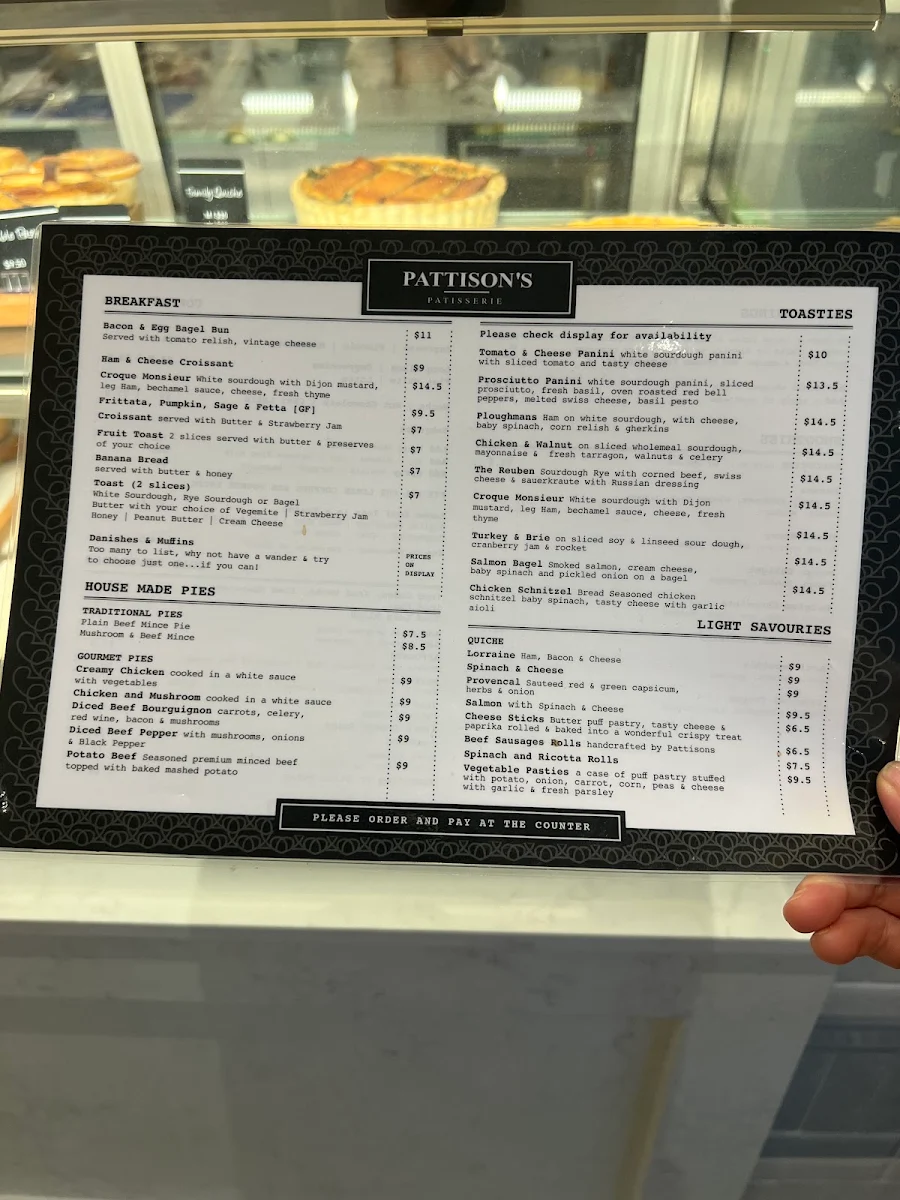 Menu, Pattison's Patisserie Burwood