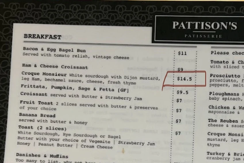 Menu, Pattison's Patisserie Burwood
