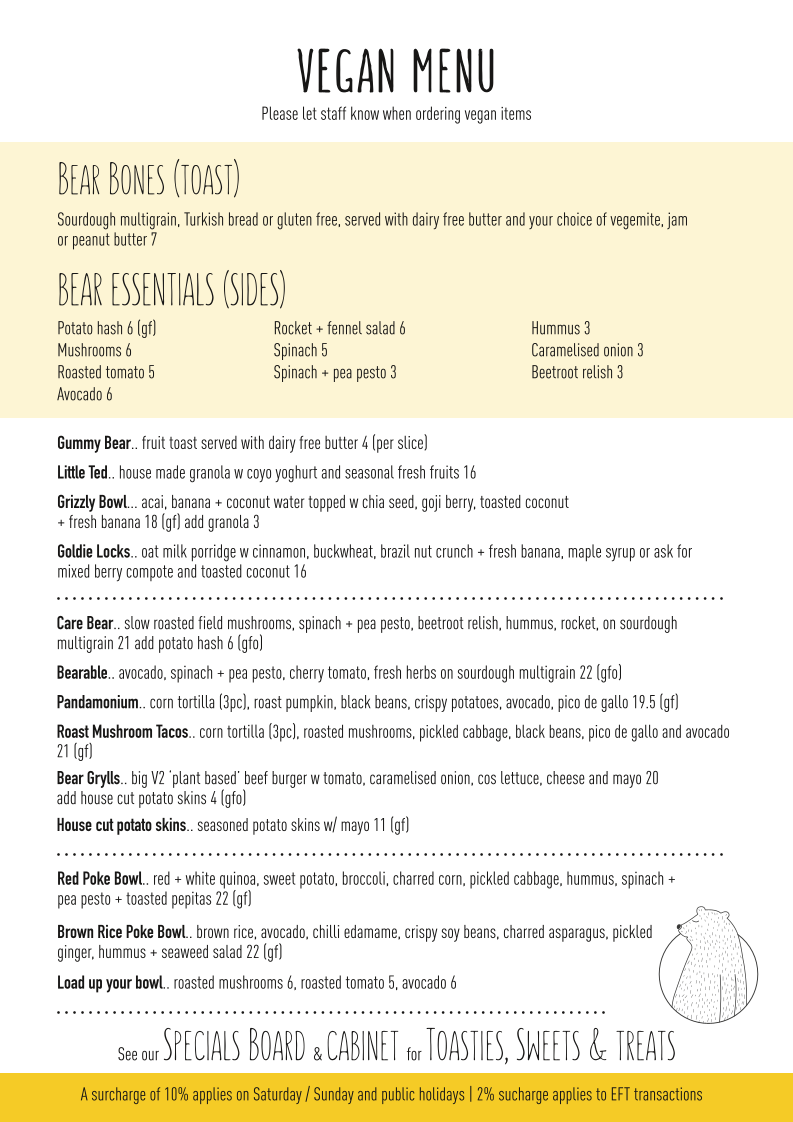 Menu, Poke the Bear Cafe