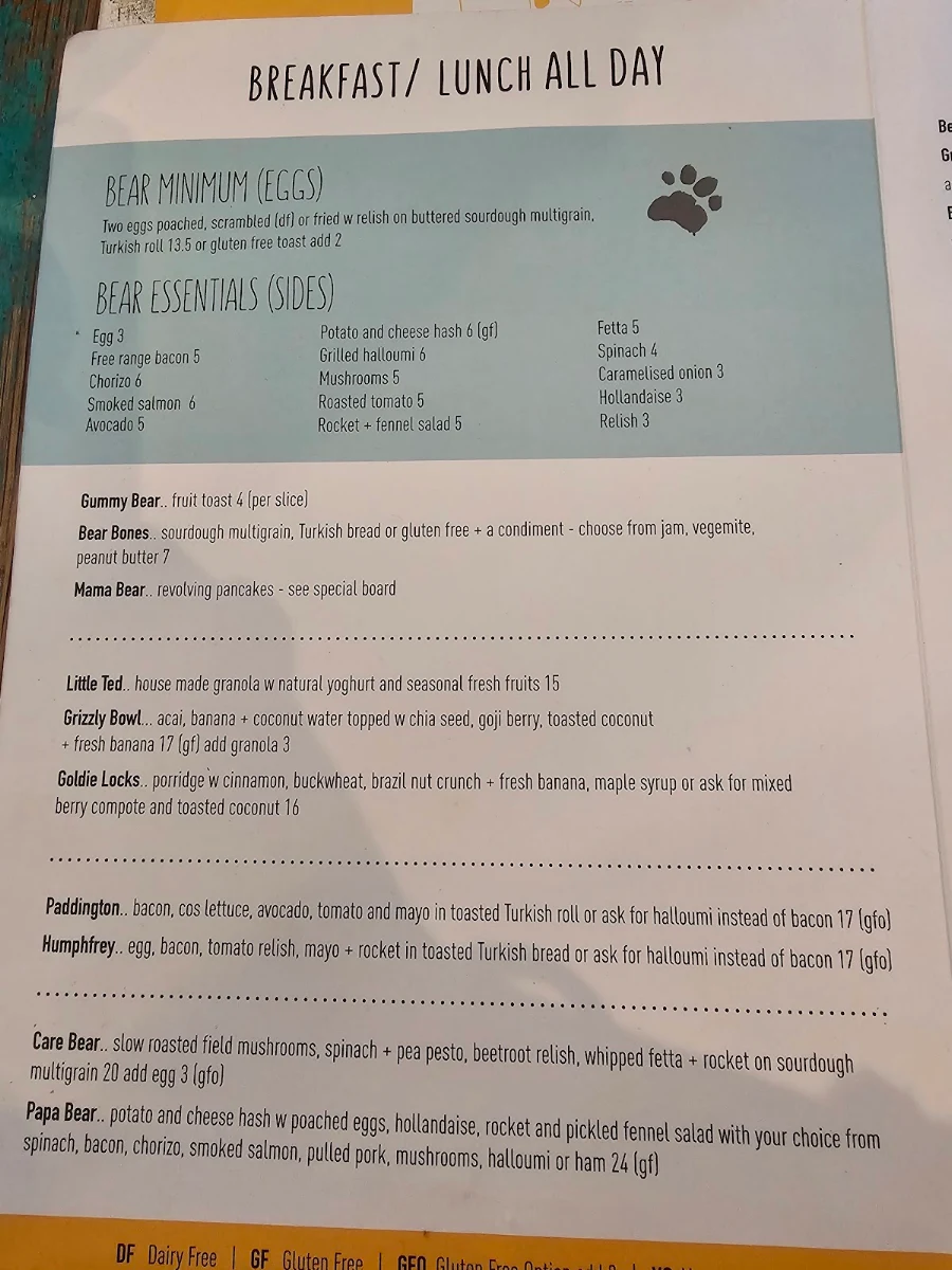 Menu, Poke the Bear Cafe
