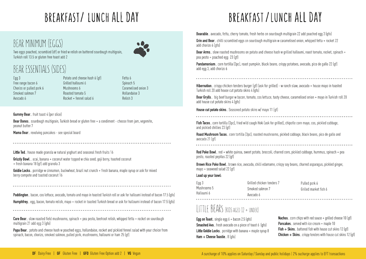 Menu, Poke the Bear Cafe