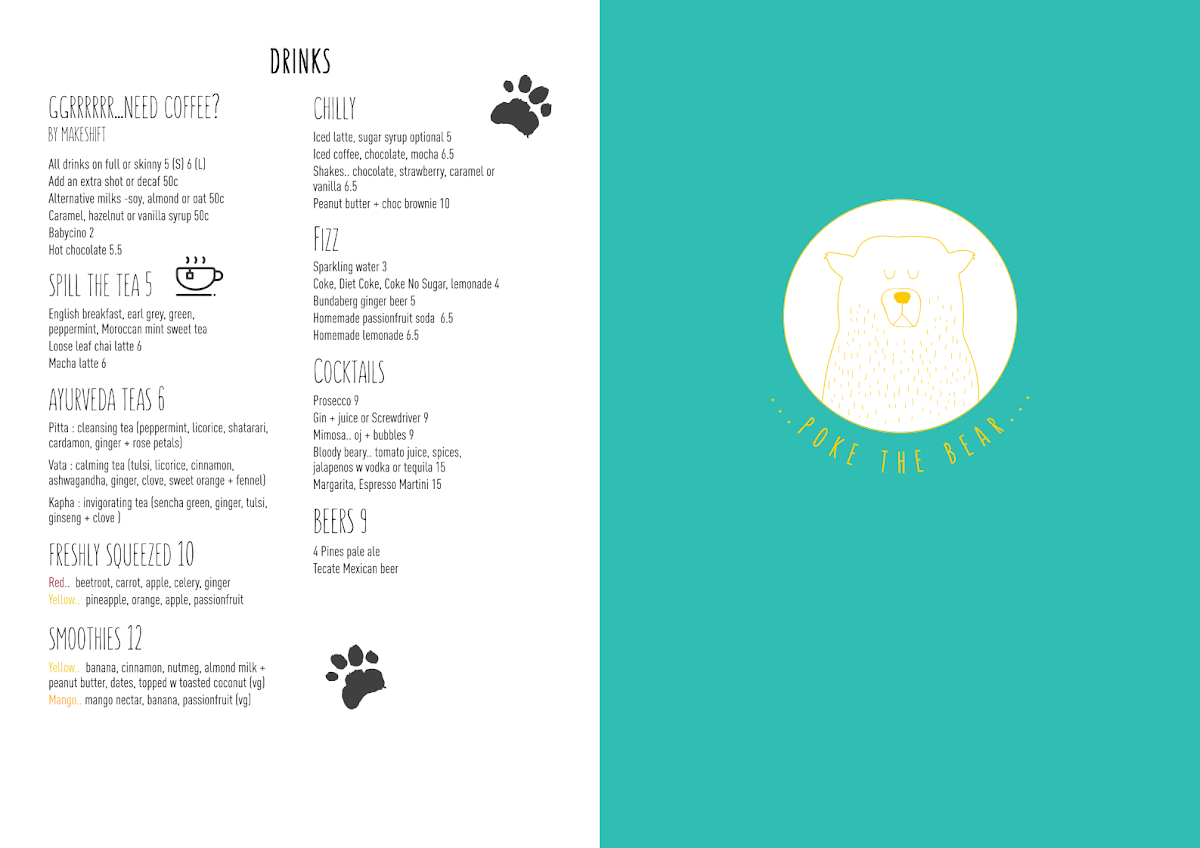 Menu, Poke the Bear Cafe