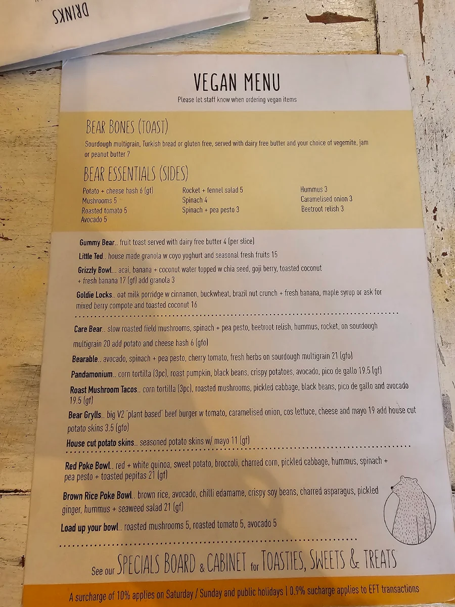 Menu, Poke the Bear Cafe