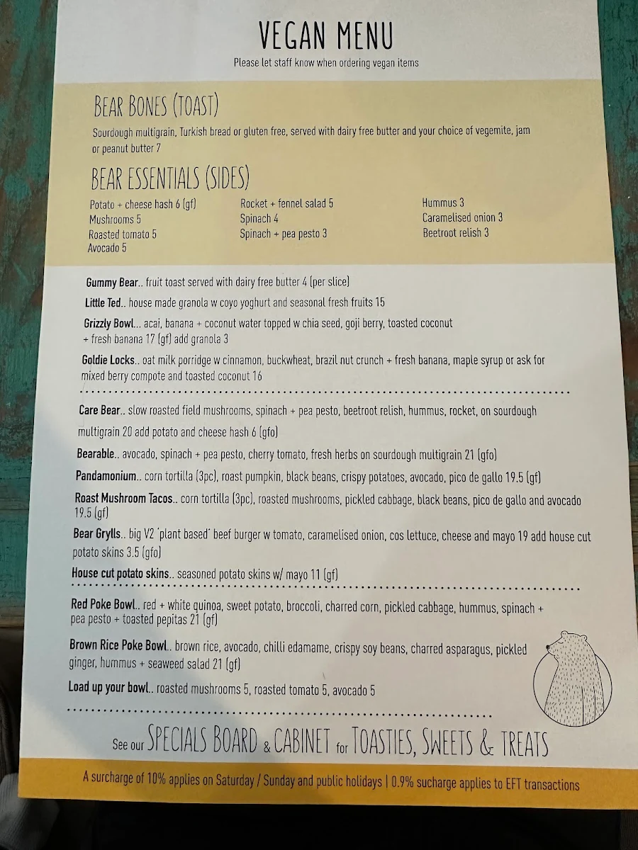 Menu, Poke the Bear Cafe