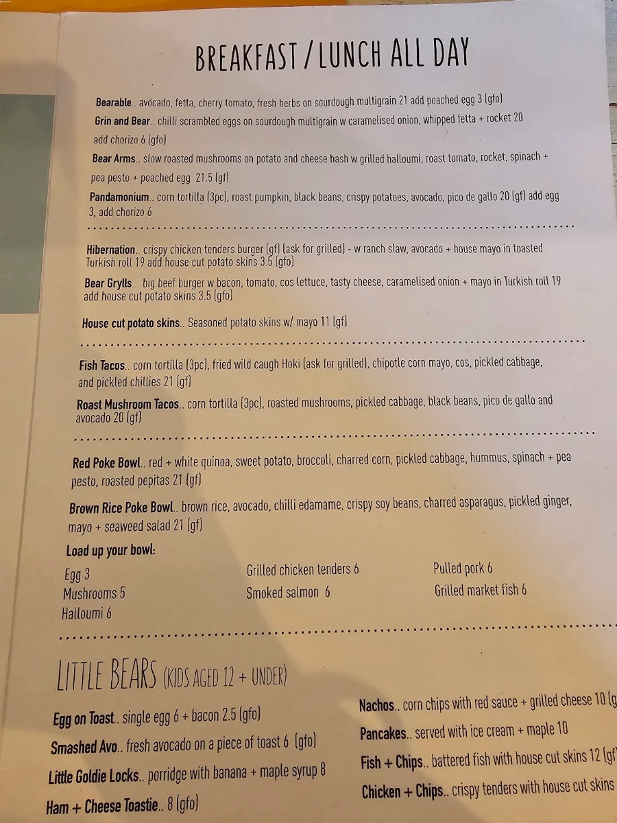 Menu, Poke the Bear Cafe
